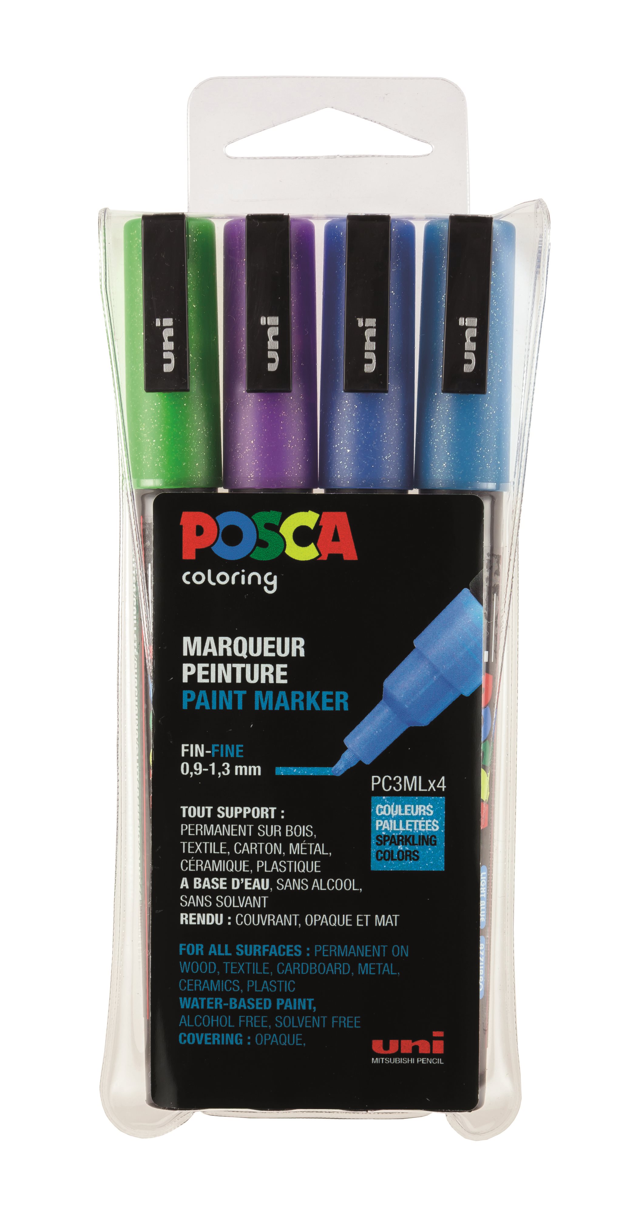 Posca - PC3M - Fine Tip Pen - Glitter blue, 4 pc