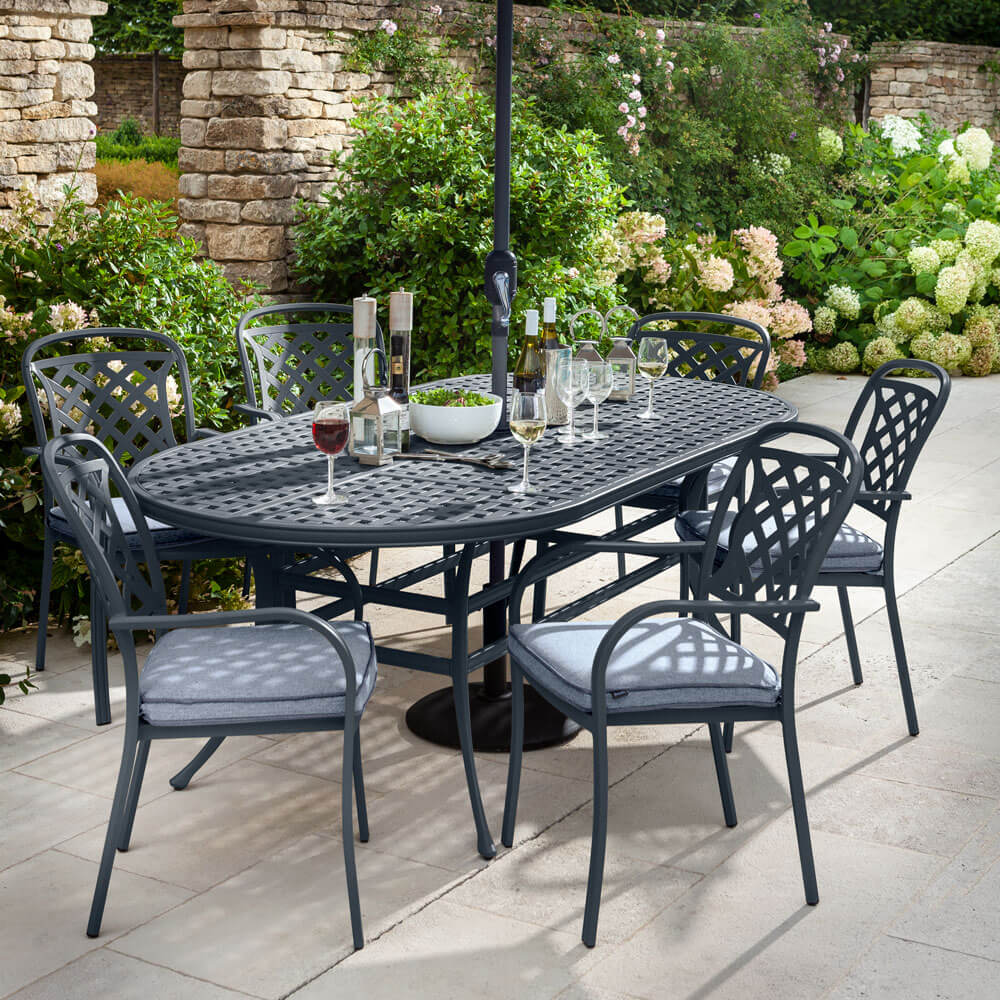 2021 Hartman Berkeley 6 Seat Garden Dining Set With Oval Table & Parasol - Antique Grey/Platinum