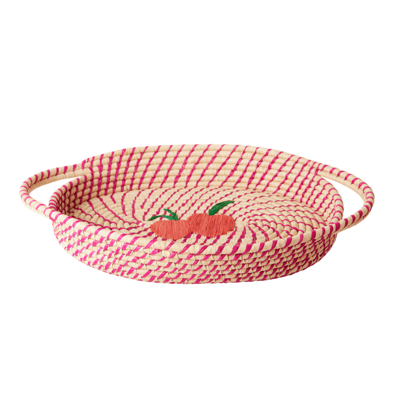 Rice - Raffia Oval Bread Basket - Fuchsia w. Peaches