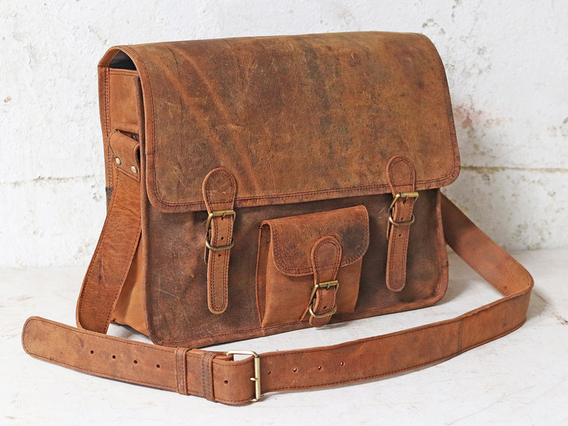 Boys And Girls Leather Satchel School Bag Brown 16 Inch