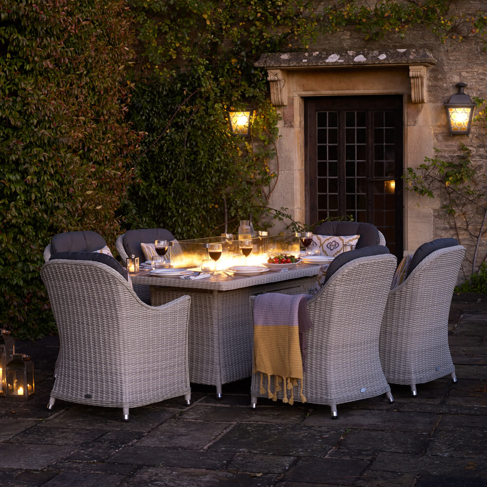 2021 Bramblecrest Monterey 6 Seat Garden Set With Rectangle Fire Pit Dining Table - Dove Grey