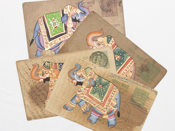 Hand-painted Vintage Indian Postcard - Elegant Elephants