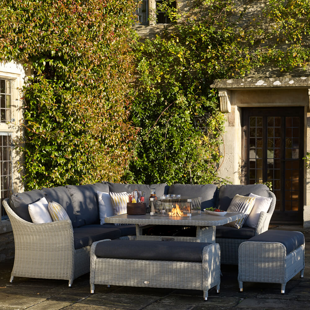 2021 Bramblecrest Monterey Garden Sofa Set With 2 Benches & Square Fire Pit Dining Table - Dove Grey