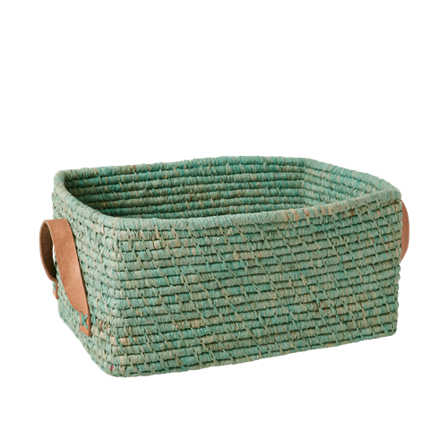 Rice - Raffia Rectangular Basket w. Leather Handle - Mint