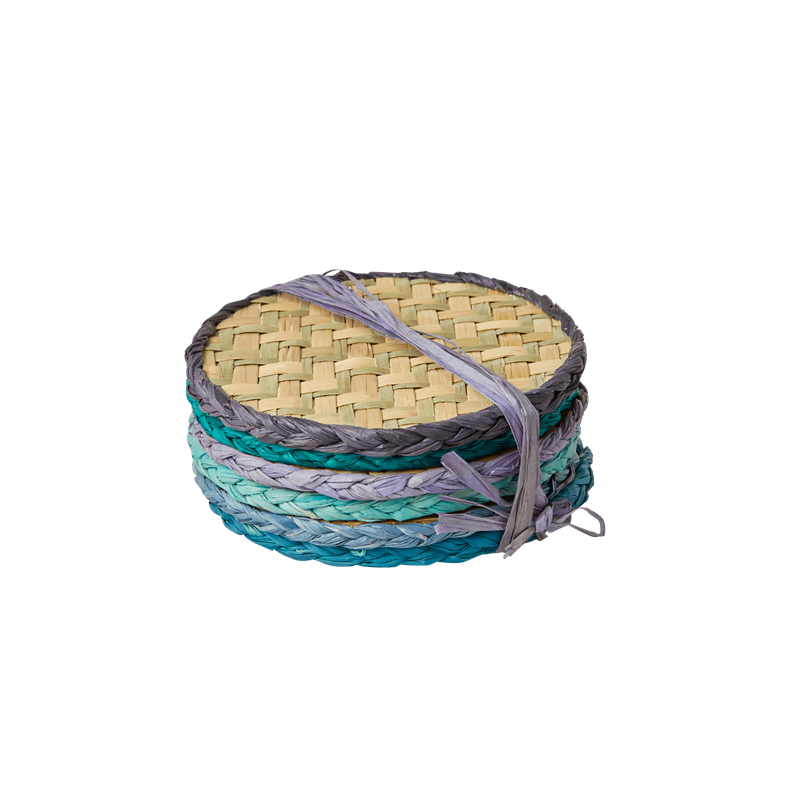 Rice - Round Handmade Raffia Coaster 6 pcs - Blue and Green Colors