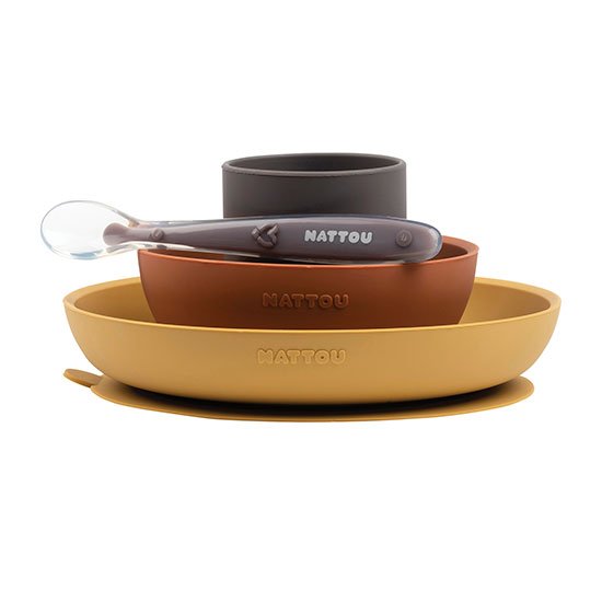 Nattou - Dinner Set 4 Pcs Soft Silicone - Mustard / Terracotta