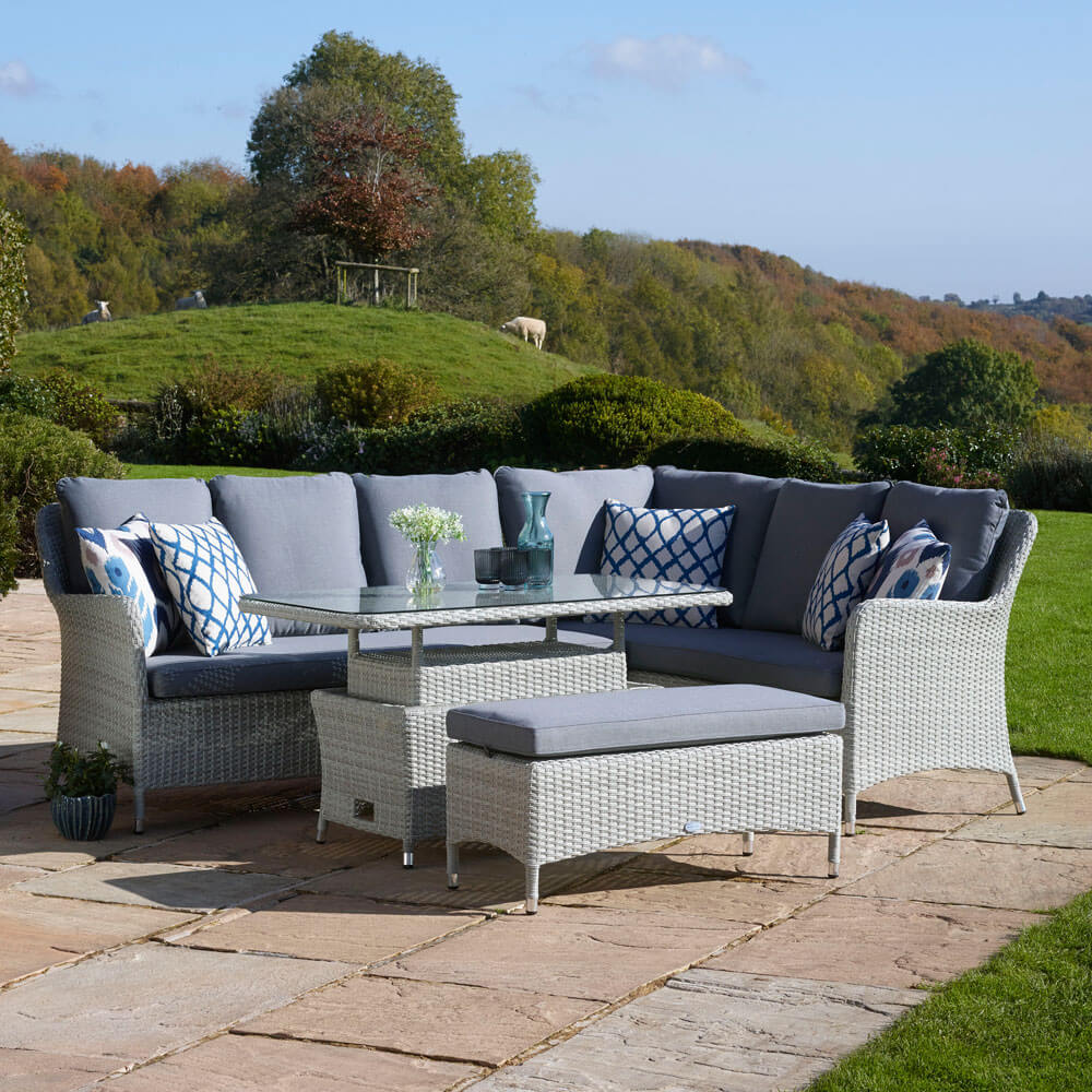 2021 Bramblecrest Tetbury Garden Sofa Set With Rectangle Adjustable Table & Dining Bench - Cloud