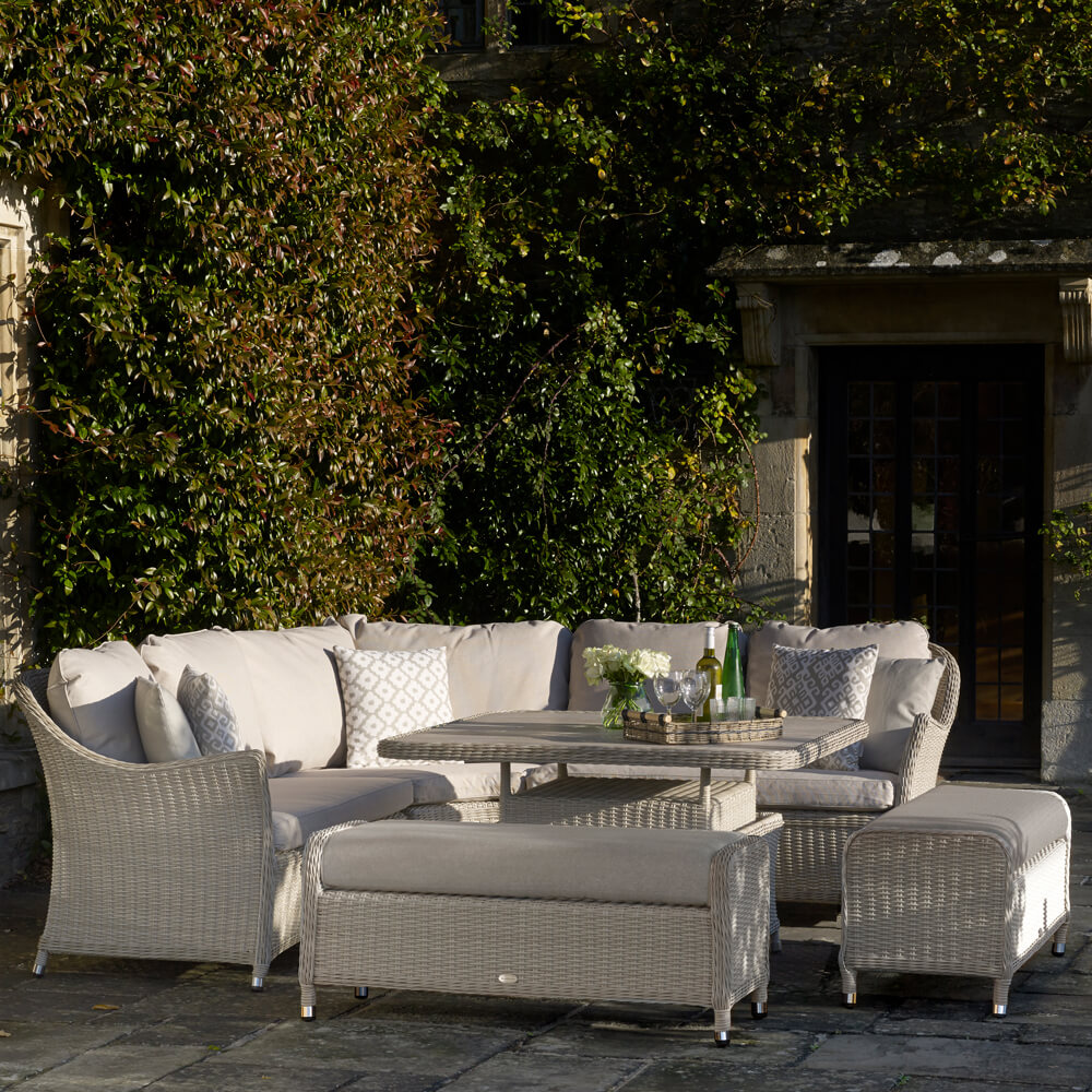 2021 Bramblecrest Monterey Outdoor Sofa Set With Square Adjustable Ceramic Dining Table - Sandstone