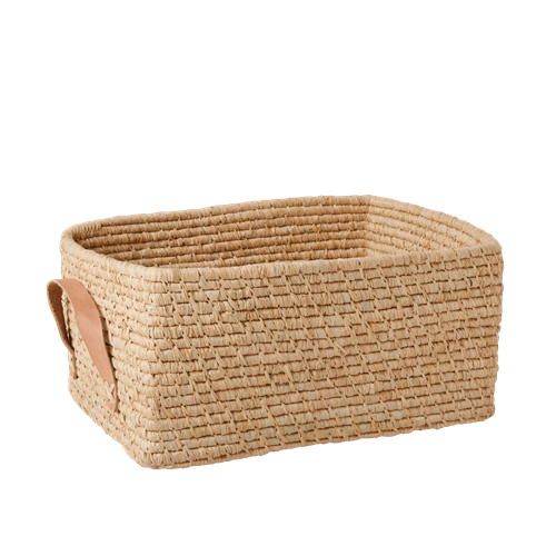 Rice - Raffia Rectangular Basket w. Leather Handle - Nature
