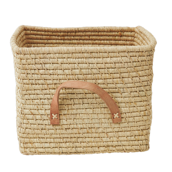 Rice - Small Square Raffia Basket with Leather Handles - Natural