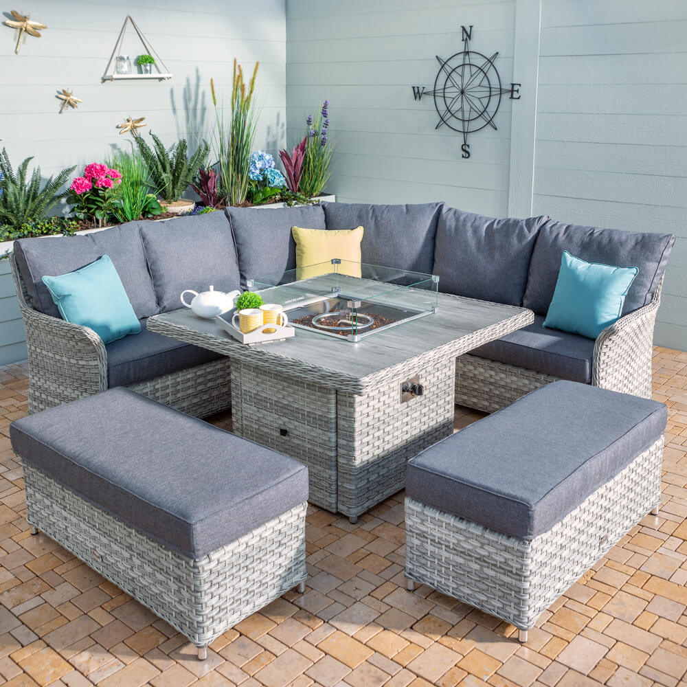 2021 Hartman Heritage Grand Square Tuscan Casual Dining Set with Fire Pit Table - Ash/Slate