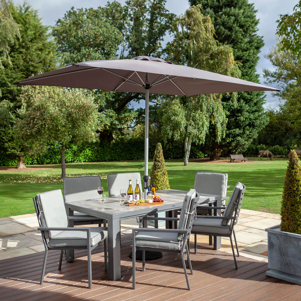 2020 Hartman Titan 6 Seat Rectangular Dining Set with Tuscan Ceramic Table and 3m Parasol - Pewter/Seal
