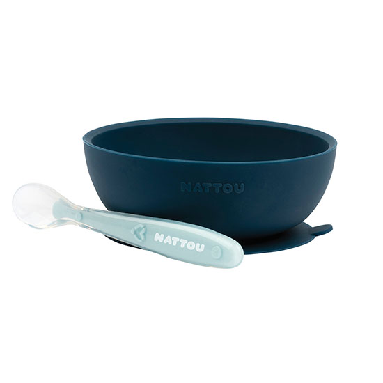 Nattou - Bowl & Spoon Soft Silicone - Green / Navy