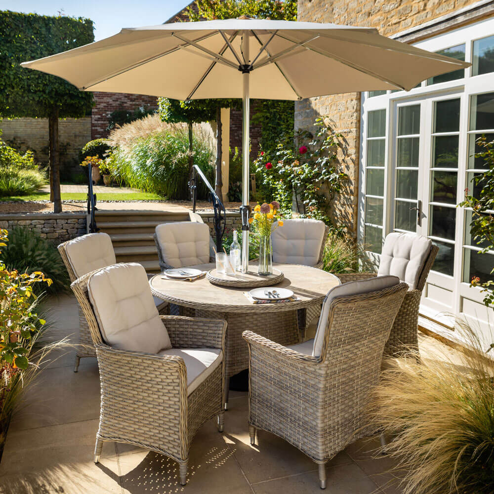 2021 Hartman Heritage 6 Seat Tuscan Round Garden Dining Set with Lazy Susan And Parasol - Beech/Dove