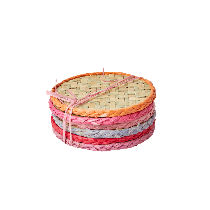 Rice - Round Handmade Raffia Coaster 6 pcs - Red and Pink Colors