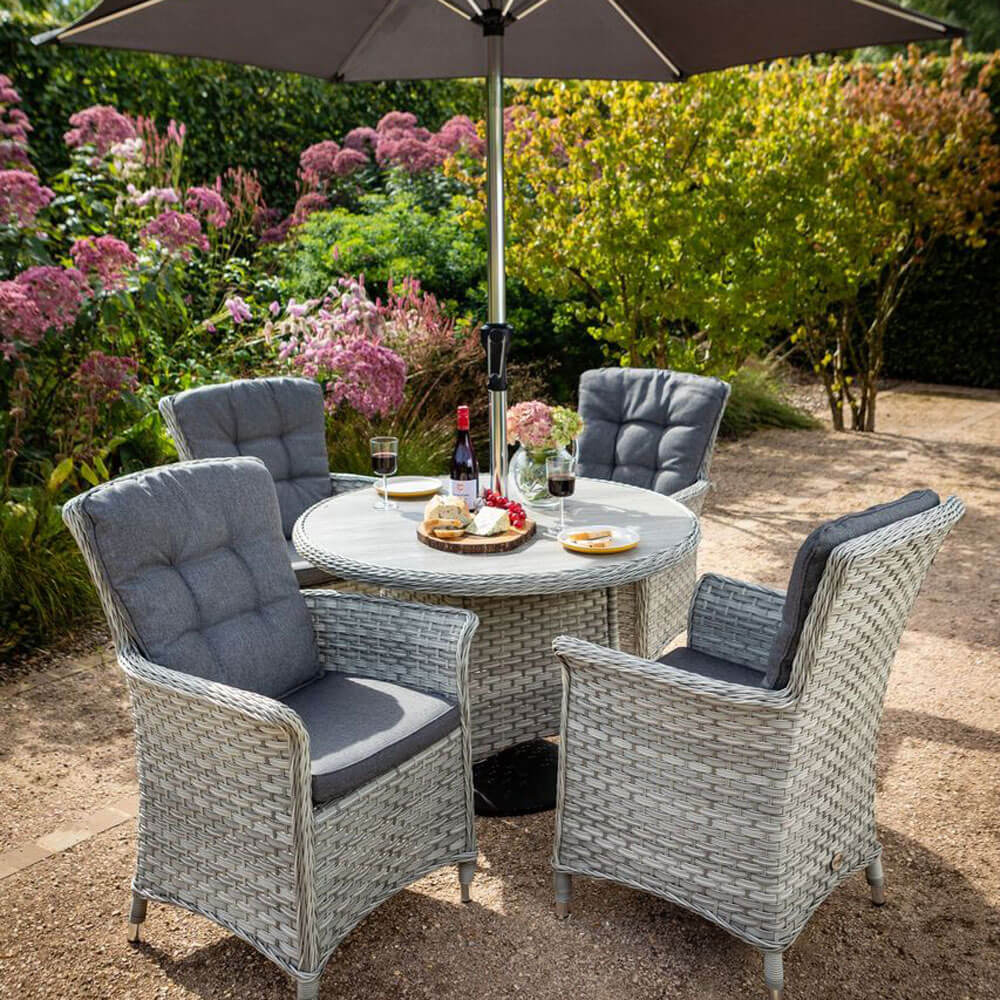 2021 Hartman Heritage Tuscan 4-Seat Round Garden Dining Table Set With Parasol - Ash/Slate