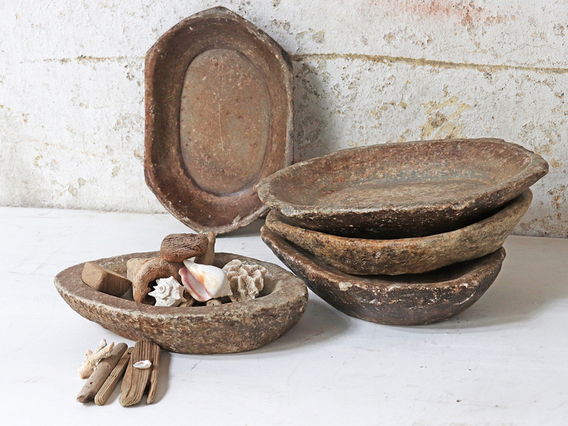 Large Old Stone Bowl - Oval Natural
