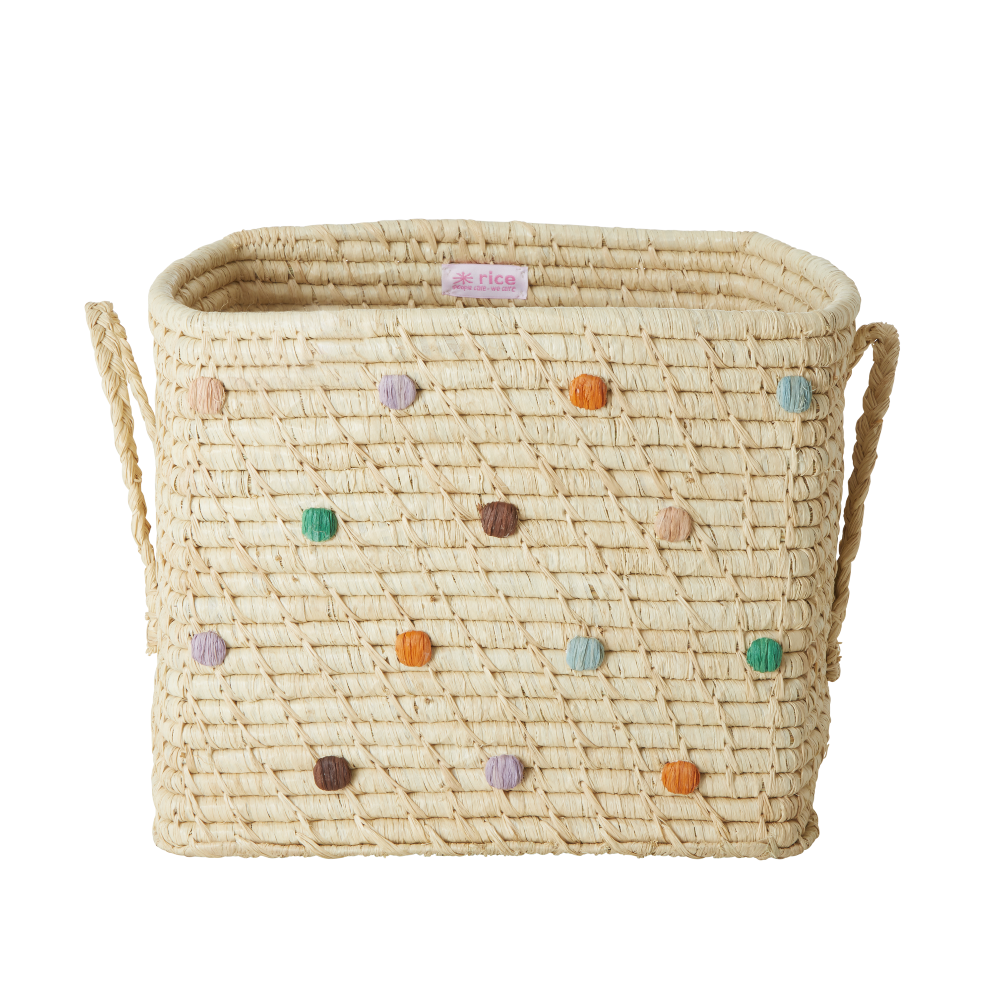 Rice - Small Square Raffia Basket with Leather Handles - Dots The Call of The Disco Ball
