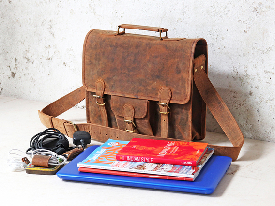 Boys And Girls Medium Leather Satchel Brown 15 Inch