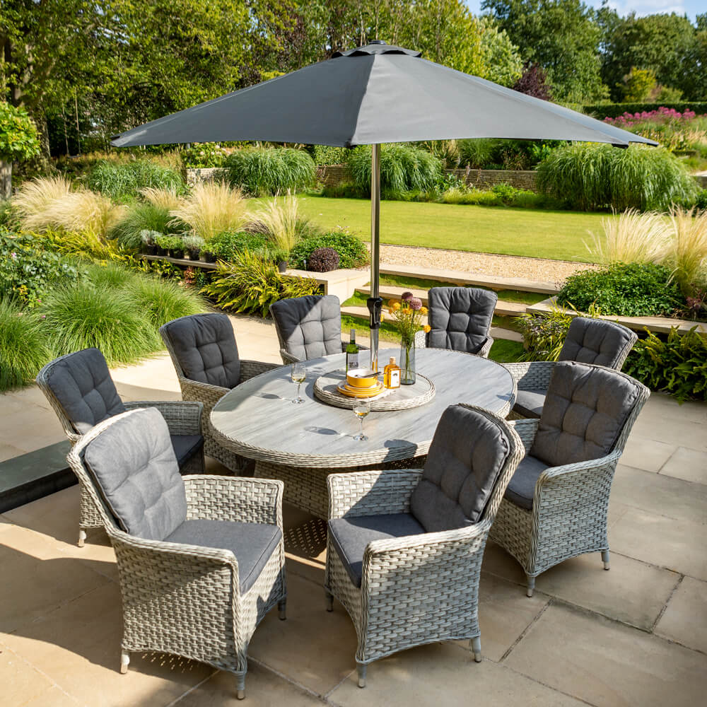 2021 Hartman Heritage Tuscan 8 Seat Elliptical Dining Set with Lazy Susan and 3 Metre Parasol - Ash/Slate
