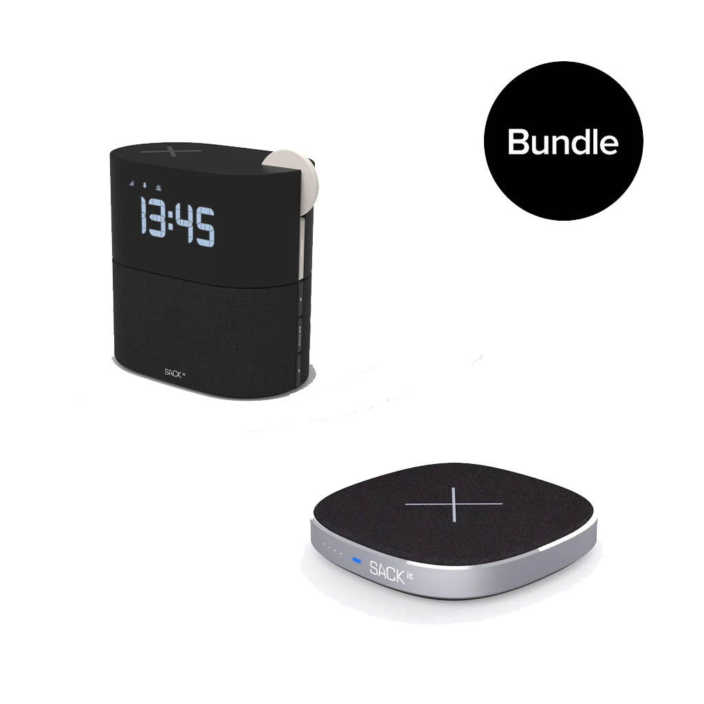 SACKit - WAKEit Clock Radio Pearl + CHARGEit Care power bank & wireless charger