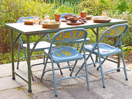 Vintage Green Garden Table and Blue Chair Set Green