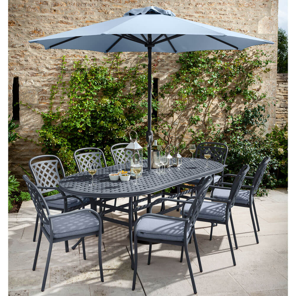 2021 Hartman Berkeley 8 Seat Garden Dining Set With Oval Table & Parasol - Antique Grey/Platinum