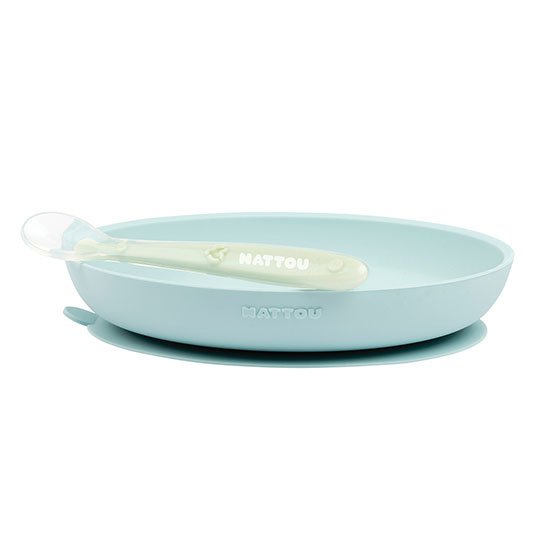 Nattou - Soft Silicone Plate & Spoon - Light blue/Green