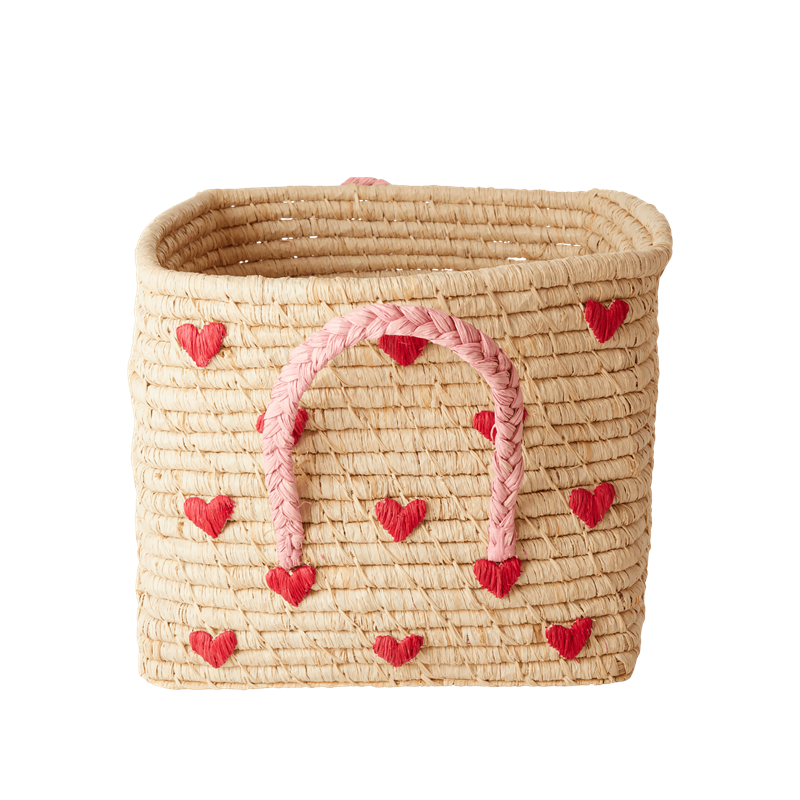 Rice - Small Square Raffia Basket with Handles - Hearts