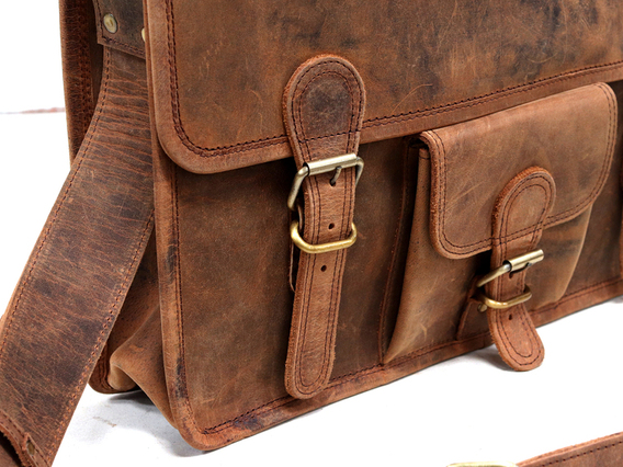 Medium Vintage Leather Satchel With Front Pocket 15 Inch Brown 15 Inch