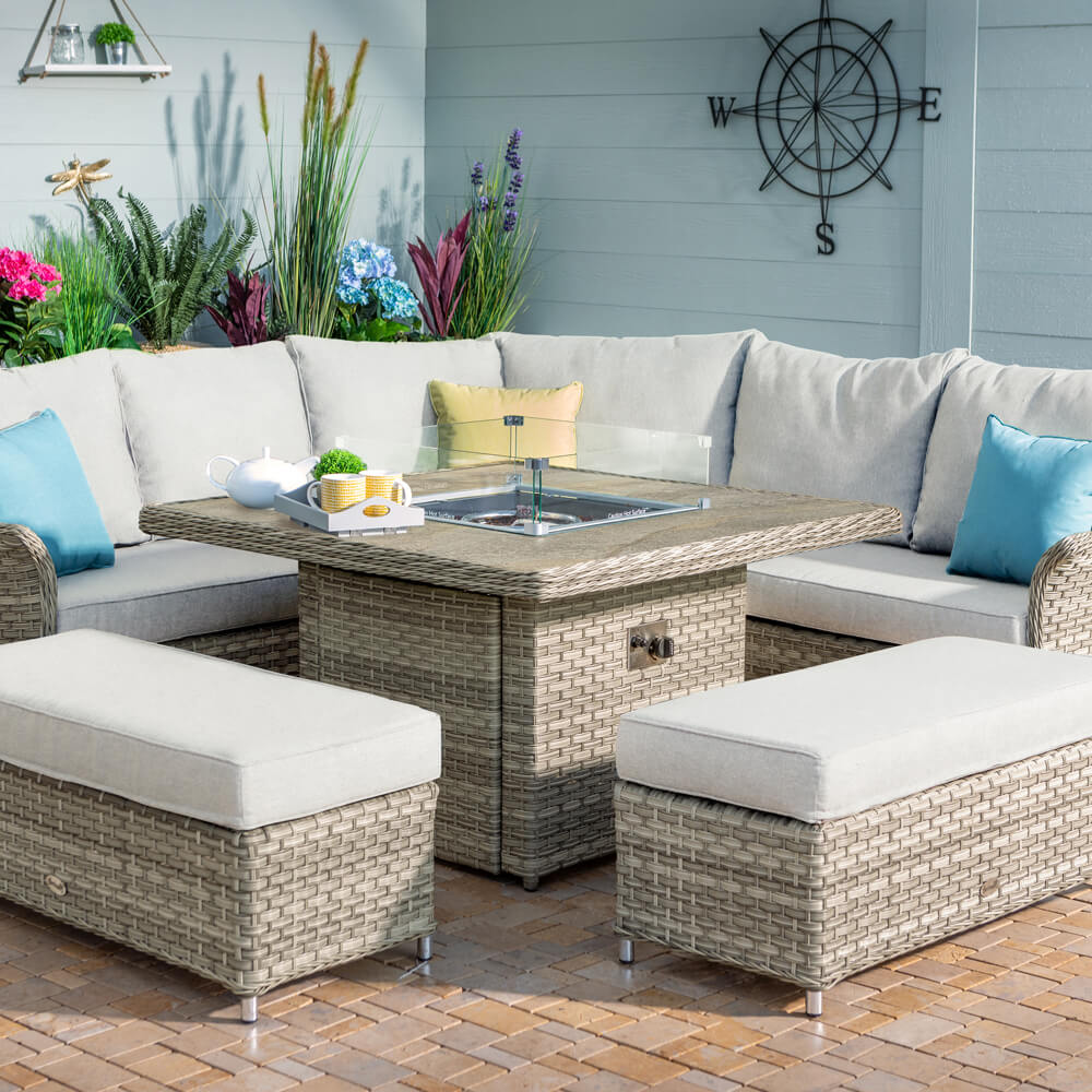 2021 Hartman Heritage Grand Square Tuscan Fire Pit Table Casual Dining Set – Beech/Dove