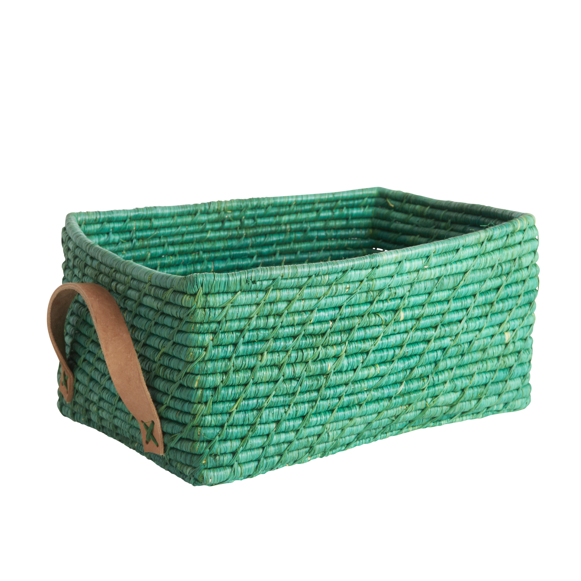 Rice - Raffia Rectangular Basket w. Leather Handle - Green