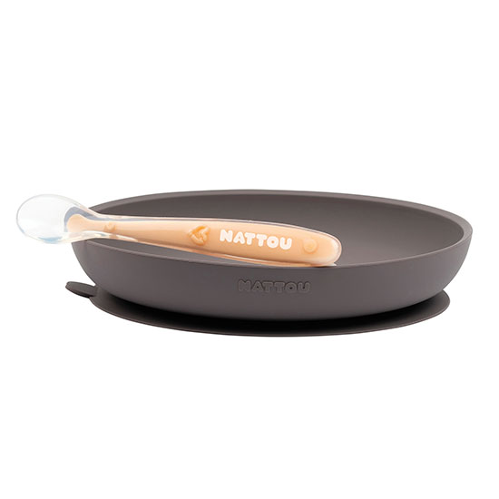 Nattou - Soft Silicone Plate & Spoon - Eggplant/Peach